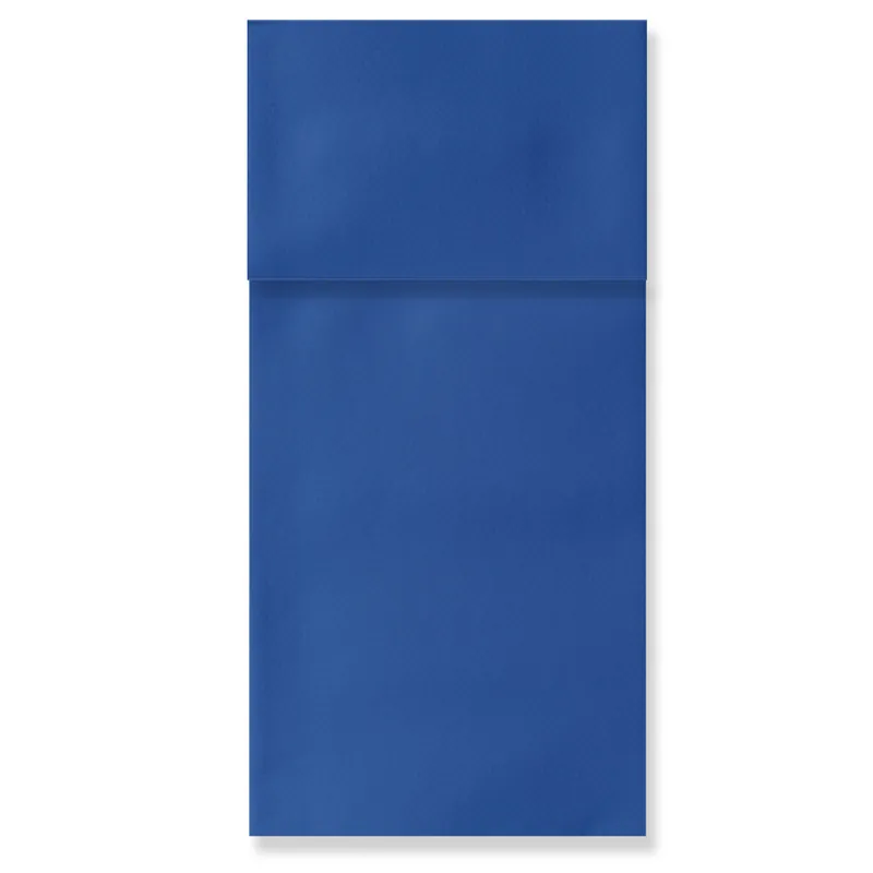Navy Airlaid kangaroo pocket fold napkin, 15.75 in open, folded to a 3.94 × 7.87 in pocket